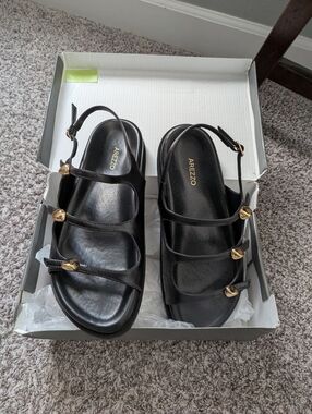 Arezzo Black Leather Sandals with Gold Accents